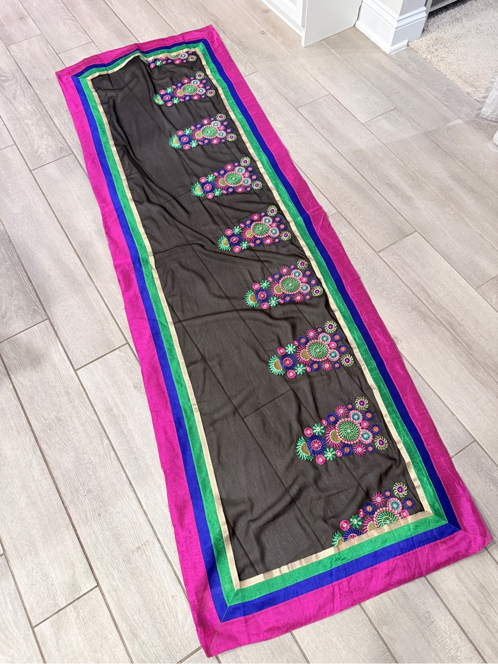 Black Silk Sheer Embroidered Scarf Pink Blue Green 27x78